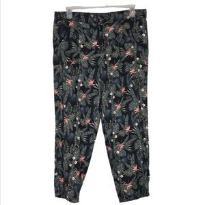 Intro Black & Green Tropical Floral Linen Cropped Flat Pocket Pants Size 14